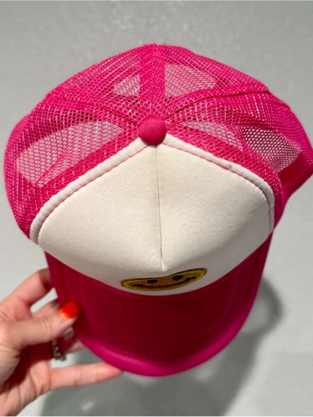 Pink and White Smiley Glitter Trucker Hat